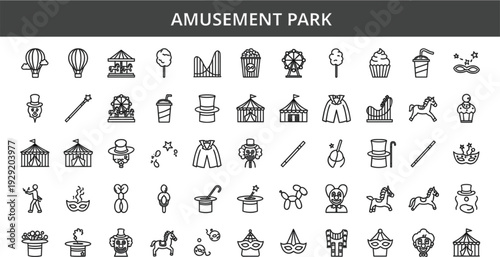 Amusement Park Line Icon Set with Carnival Rides, Circus Elements and Funfair Entertainment Symbols Vector Collection