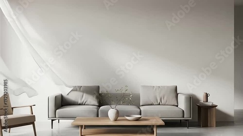 Modern Interior with Curtains Blowing in the Wind