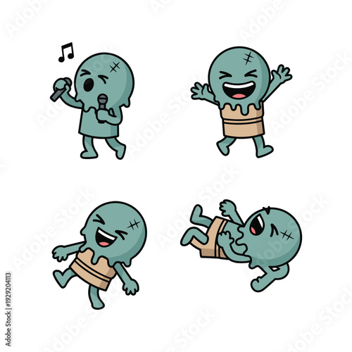 Cartoon mummy characters dancing and having fun in various poses with copy space