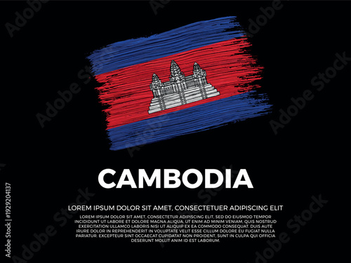 Flag of Cambodia. Cambodian and Asian Culture. Vibrant, textured brushstroke effect style. Black background with copy space. Dramatic composition in negative space.