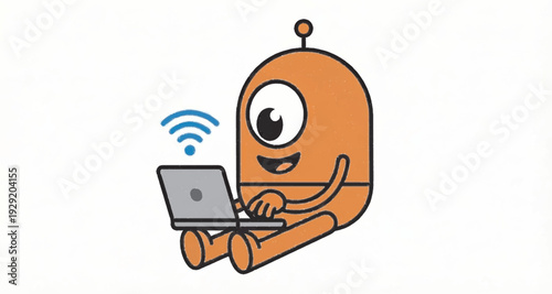 Cute orange robot character sitting and typing on laptop with Wi-Fi signal, flat vector illustration