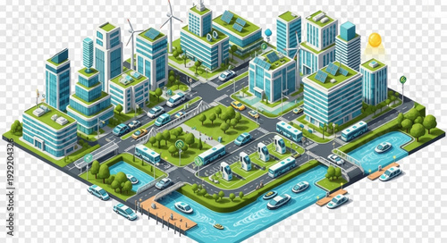 Isometric city illustration showcasing sustainable urban development and green infrastructure.