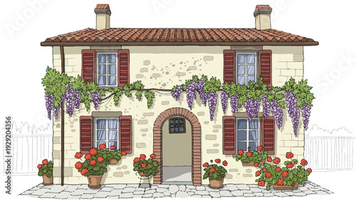 A charming stone house with purple grapevines and red flowers on the facade and a tiled roof
