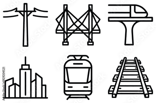Modern icon collection for urban transportation, featuring bridges, monorail, skyscrapers, trains, and railway tracks.