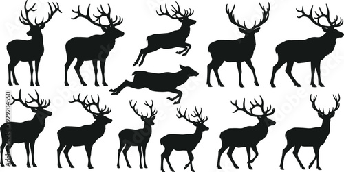 Set of Deer Silhouettes in Different Poses Isolated on White Background Vector Illustration Collection Wildlife Animal Clipart Bundle