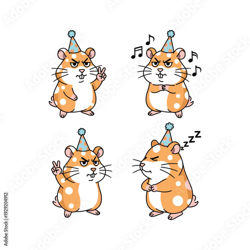 Cartoon hamster in party hat dancing and sleeping with copy space