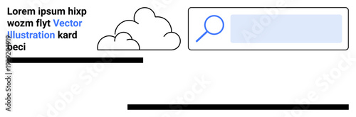 Technology, cloud computing, search engines, data storage, internet services, digital networks. Cloud shapes with magnifying glass icon next to a search bar. Technology and cloud computing focus