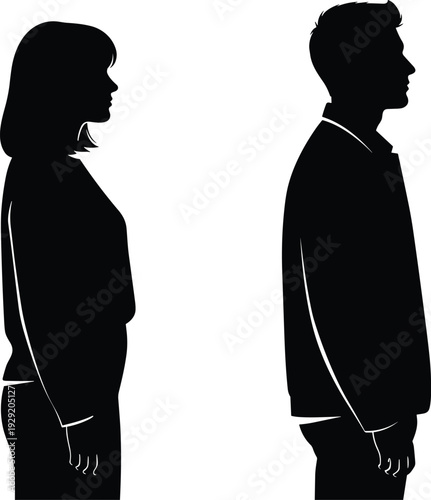 Black silhouette of man and woman standing apart in profile, relationship conflict concept, emotional distance, separation, isolation, minimal design on white background