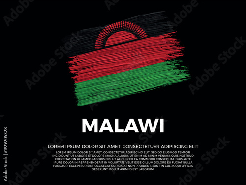 Flag of Malawi. Malawian and South African Culture. Vibrant, textured brushstroke effect style. Black background with copy space. Dramatic composition in negative space.