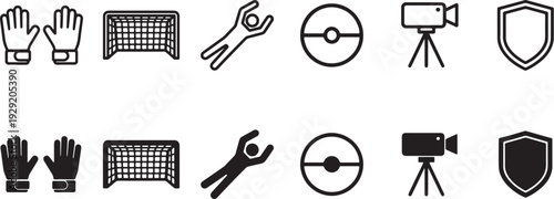 Football and Soccer Game Elements Line and Solid Icons Set with Goalkeeper Gloves, Goal, Referee, Soccer Ball, Camera and Shield Symbols