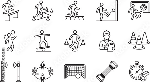 Sports Training and Athletic Exercise Line Icons Set with Hurdles, Balance, Agility, Coach, Goal Post, Dumbbell and Stopwatch Symbols