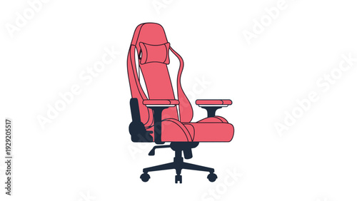 Modern pink and black ergonomic gaming chair with adjustable armrests and headrest pillow isolated on a white background.