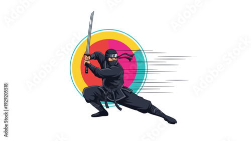 Dynamic illustration of a skilled ninja in a black suit holding a sharp katana sword in a combat pose against a colorful background.