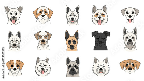 Comprehensive collection of various dog breed faces illustrated in a clean style showing different facial features and expressions.