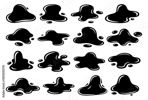 Black liquid spill and shiny oil puddle silhouette vector set