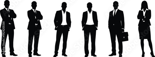 Black silhouettes of diverse business professionals in formal suits standing in a row on white background, corporate team group vector illustration for website design