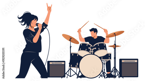 Talented female vocalist singing into a microphone and male drummer playing a drum kit during a live music band performance.