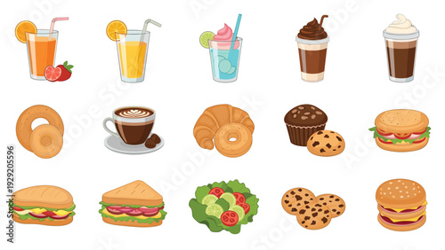 Diverse set of food and beverage illustrations featuring coffee, smoothies, muffins, sandwiches, salads, and burgers on white.