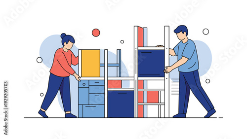 Man and woman working together to assemble a large modular blue and red storage shelving unit for a new home or office space.