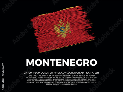 Flag of Montenegro. Montenegrin and European Culture. Vibrant, textured brushstroke effect style. Black background with copy space. Dramatic composition in negative space.