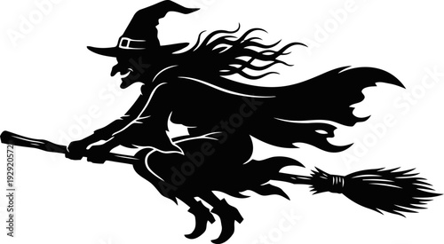 Witch Flying with a Magical Broomstick Silhouette vector on Transparent Background.
