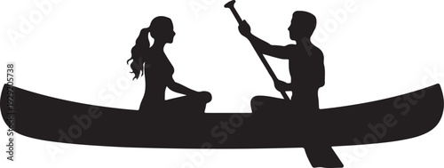 Couple canoeing together in a boat silhouette. Couple Canoeing Silhouette Vector Illustration