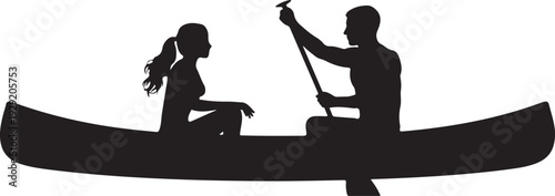 Couple canoeing together in a boat silhouette. Couple Canoeing Silhouette Vector Illustration