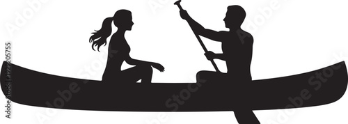 Couple canoeing together in a boat silhouette. Couple Canoeing Silhouette Vector Illustration