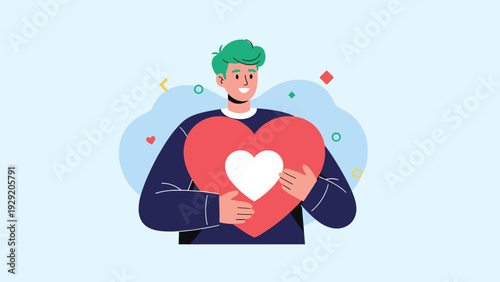 Happy young man with green hair smiling while warmly hugging a large red heart symbolizing love, kindness, and compassion.