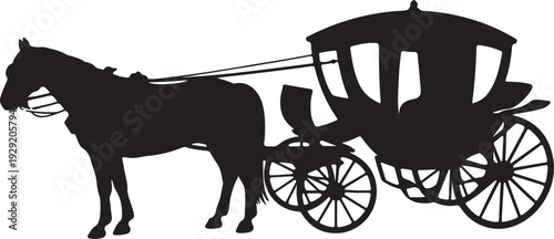 Black and white of horse drawn carriage vintage vector silhouette illustration
