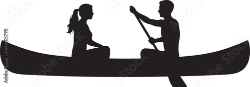 Couple canoeing together in a boat silhouette. Couple Canoeing Silhouette Vector Illustration