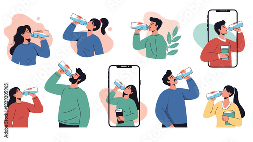 Collection of illustrations showing people drinking water from bottles for health and hydration with mobile phone frames.