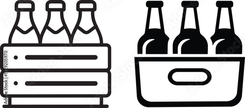Minimalist Beverage Bottle Crate and Bucket Icon Set in Bold Black Silhouette Style for Packaging and Branding