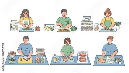 Set of diverse people in a kitchen environment preparing healthy meals and organizing them into food storage containers.