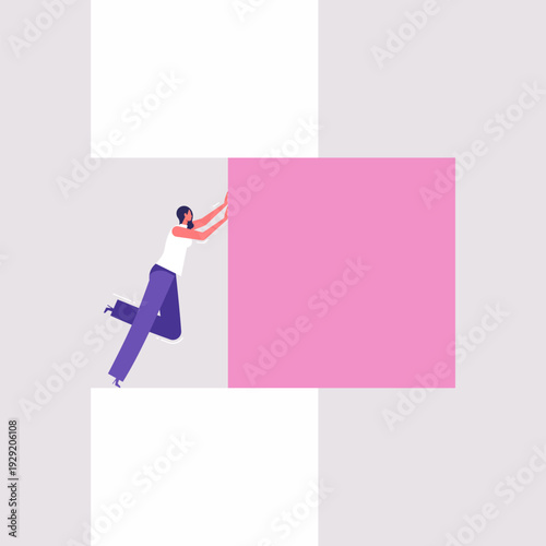 Overcome obstacle or breakthrough wall, courage or determination, woman or gender barrier, business woman push block