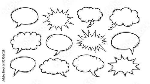 Diverse Speech Bubbles Set: A collection of various hand-drawn speech bubbles, perfect for conveying thoughts, ideas, and messages in a creative and engaging way.