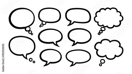 Communication Bubbles: A collection of various hand-drawn speech bubbles, perfect for illustrating dialogue, thoughts, and ideas, offering a versatile tool for conveying messages and concepts.