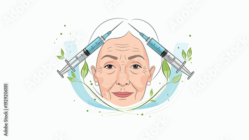 Portrait of an elderly woman with two medical syringes near her face, symbolizing cosmetic treatments or health care.