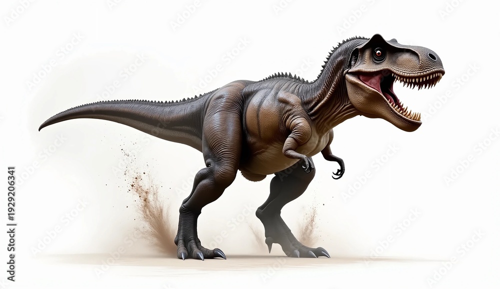 Fototapeta premium Tyrannosaurus Rex walking on white background, prehistoric dinosaur predator