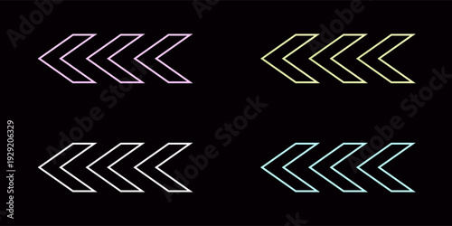 Arrow neon on brick wall. Realistic shining signboard. Glowing neon arrow pointer on brick wall background. Retro signboard with bright neon tubes. Color neon banner. Night bright advertising.