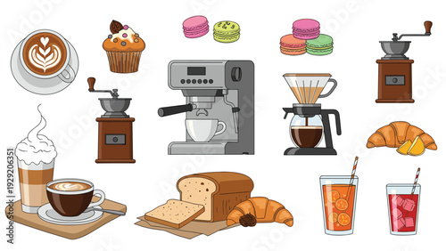 Extensive set of coffee making equipment and breakfast items including an espresso machine, coffee grinders, and pastries.
