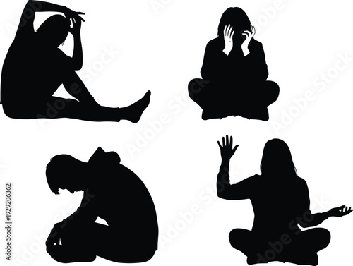 Black silhouettes of people sitting in different poses including meditation and despair on white background, mental health and wellness concept vector illustration for design