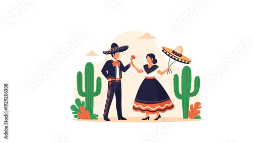 Traditional Mexican dancers in authentic costumes perform festive dance near giant green cacti under bright desert sun with clouds.