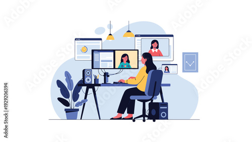Professional woman works at home office desk with multiple computer screens displaying various participants in remote video conference meeting.
