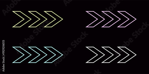 Arrow neon on brick wall. Realistic shining signboard. Glowing neon arrow pointer on brick wall background. Retro signboard with bright neon tubes. Color neon banner. Night bright advertising.