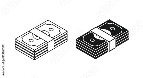 Vector illustration showing two stacks of paper money, one outlined and one solid black, representing financial wealth and economic success.