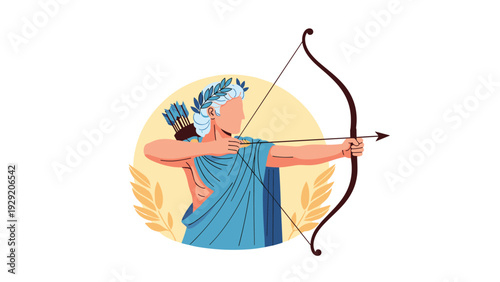 Classical Greek god Apollo aiming bow and arrow with laurel wreath on head surrounded by golden circular glow and wheat.