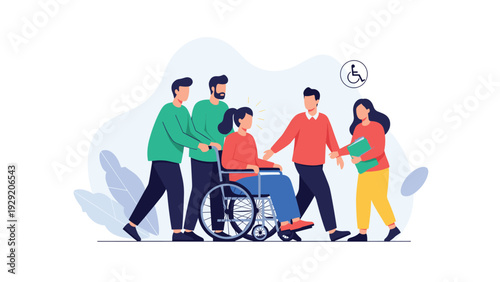 Group of supportive friends or colleagues assist woman in wheelchair during outdoor walk illustrating themes of accessibility and social inclusion.