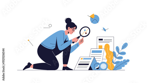 Focused woman kneeling on floor using magnifying glass to examine important business documents and charts for detailed data analysis research.