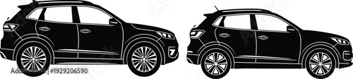 Black SUV car side view silhouettes isolated on white background, modern crossover vehicle vector illustration for automotive branding, transport design and presentation template